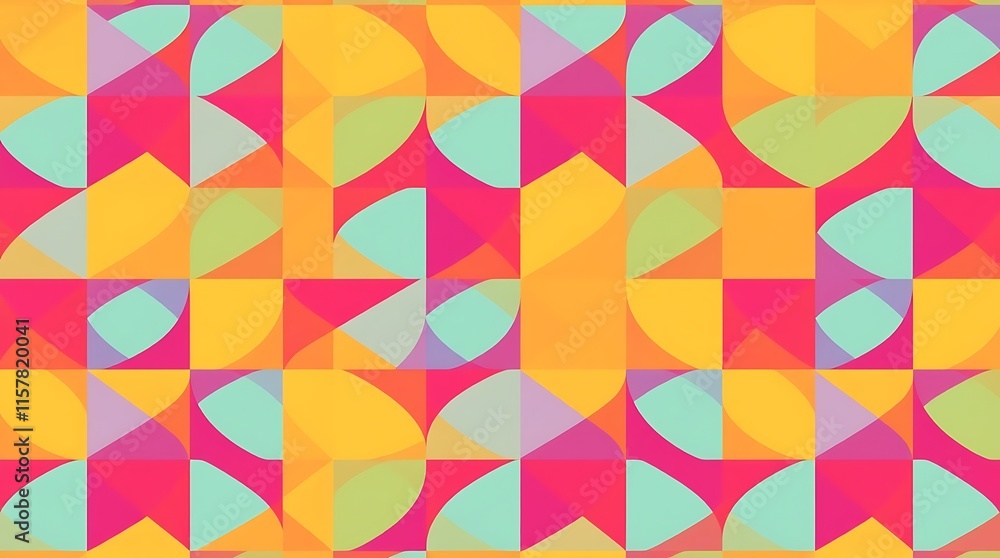 Geometric Abstract Pattern: A vibrant, playful, and modern pattern with repeating abstract shapes in a dynamic composition of bright colors, creating a visually stimulating and energetic design. 