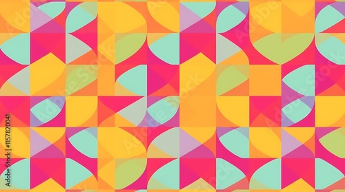 Wallpaper Mural Geometric Abstract Pattern: A vibrant, playful, and modern pattern with repeating abstract shapes in a dynamic composition of bright colors, creating a visually stimulating and energetic design.  Torontodigital.ca