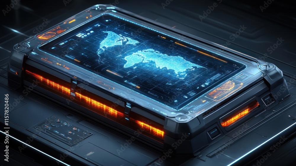 A futuristic touchscreen interface displaying a detailed map of an unknown region. A futuristic touchscreen interface displaying a detailed map of an unknown region.
