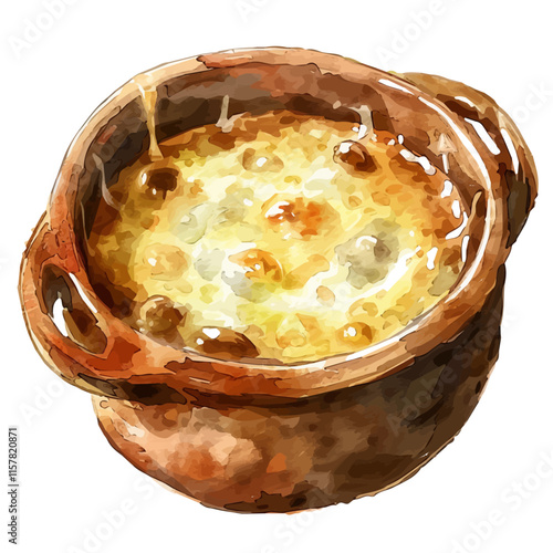 A watercolor illustration of French onion soup with melted cheese on top, isolated on a white background. Onion soup vector.
