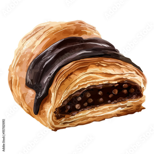 A watercolor painting of French pain au chocolat with buttery layers, isolated on a white background. Pain au chocolat vector.
