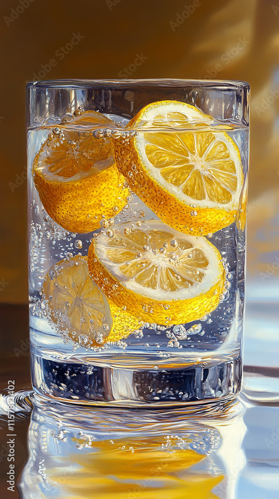 A glass of water with lemon slices floating inside A glass of water with lemon slices floating inside