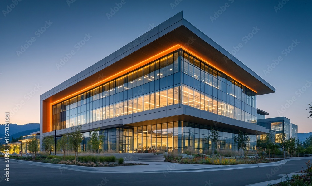 Modern glass building with illuminated edges, situated in a landscaped area. Modern glass building with illuminated edges, situated in a landscaped area.