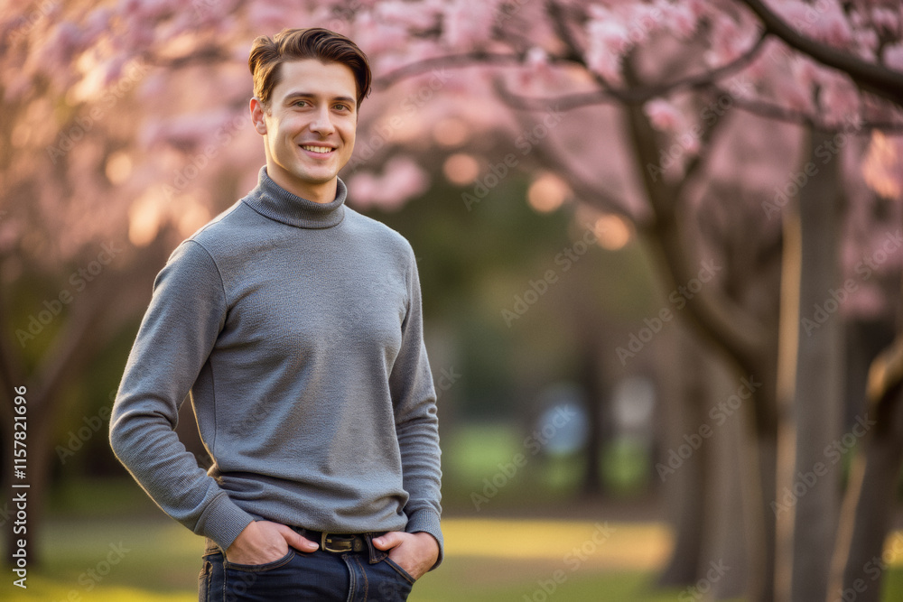 A lifestyle portrait photo of a person: A young man standing in front of a tree with pink flowers. A lifestyle portrait photo of a person: A young man standing in front of a tree with pink flowers.