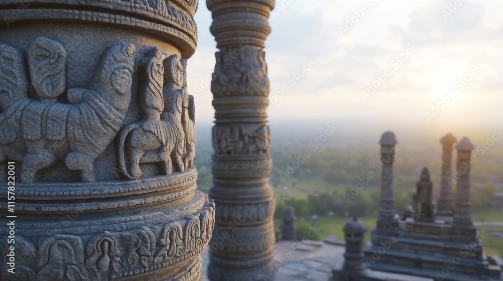 Ancient Pillars with Intricate Carvings in Soft Light Ancient Pillars with Intricate Carvings in Soft Light