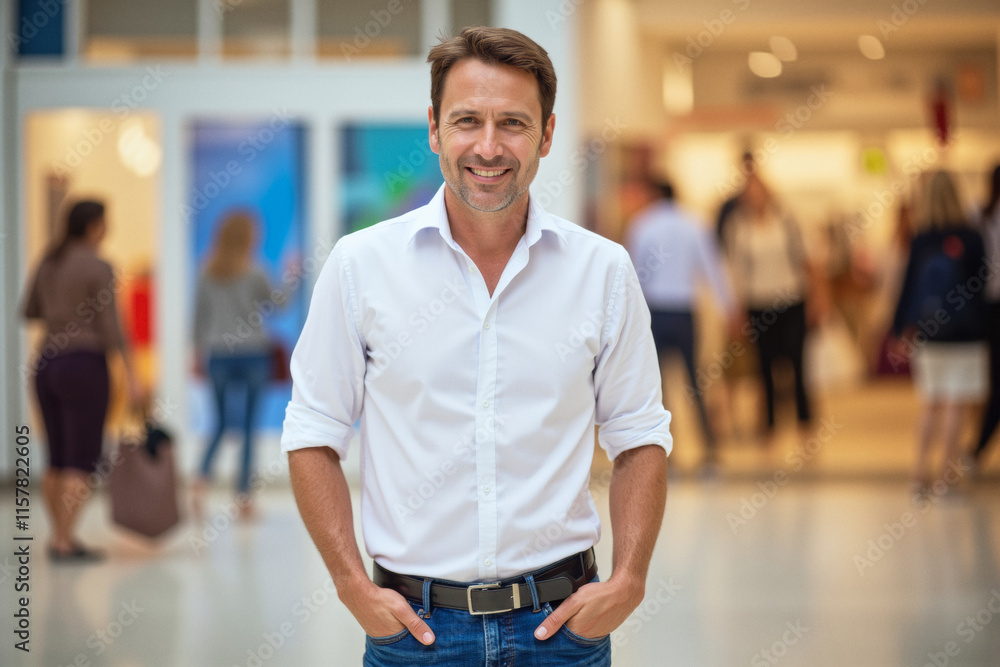Fototapeta premium A lifestyle portrait photo of a person: A man in a white shirt and blue jeans standing in a mall.