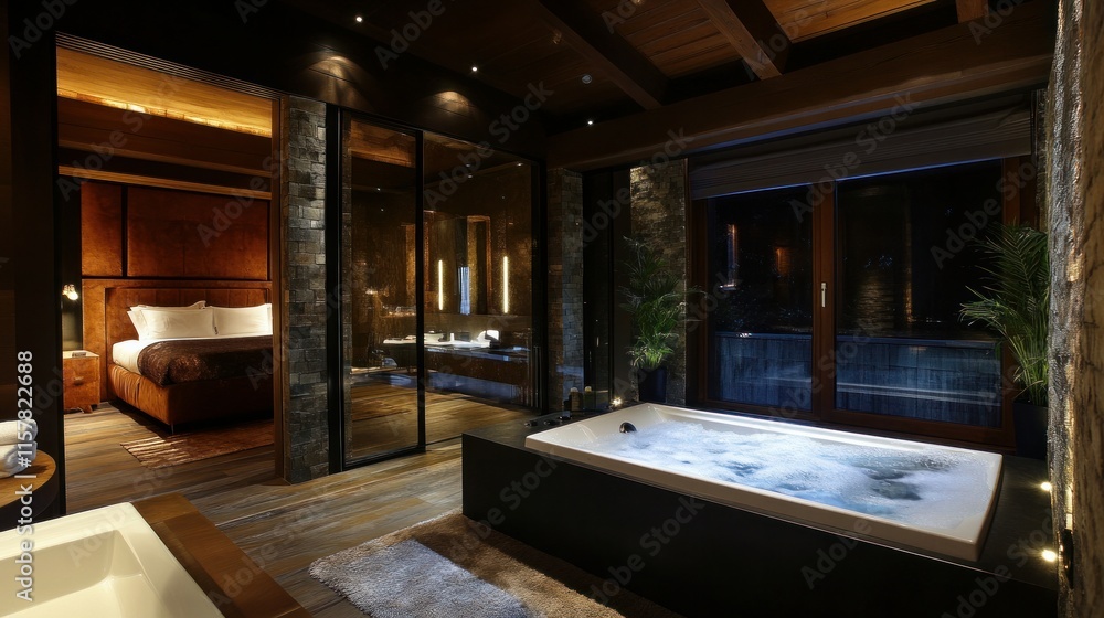 Fototapeta premium Behind a glass barrier in a stylish, pricey, dark-modern home with wood trim and LED lighting is a bedroom and freestanding bathroom.