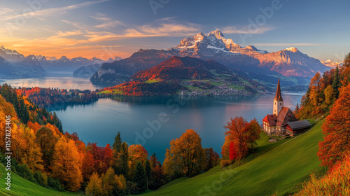 Fantastic evening panorama of Bachalp lake / Bachalpsee, Switzerland. Picturesque autumn sunset in Swiss alps, Grindelwald, Bernese Oberland, Europe. Beauty of nature concept background.
 photo