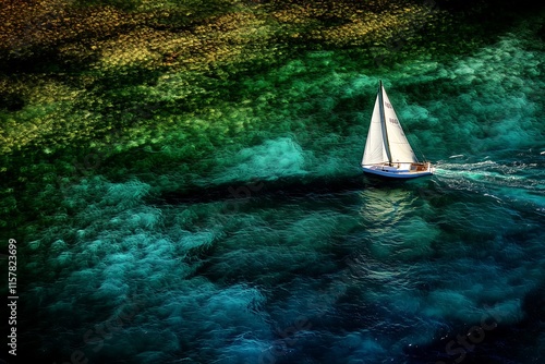 Veleiro navegando por águas turquesa vibrantes em uma paisagem marinha sereno photo