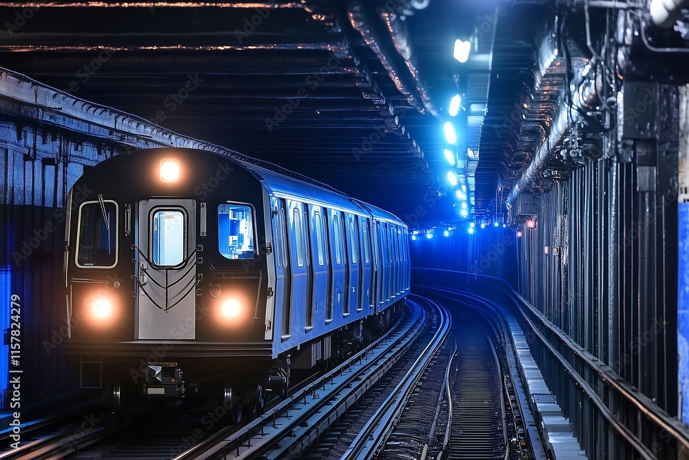 Fototapeta premium Trem de metrô moderno se movendo por um túnel subterrâneo iluminado por luzes azuis