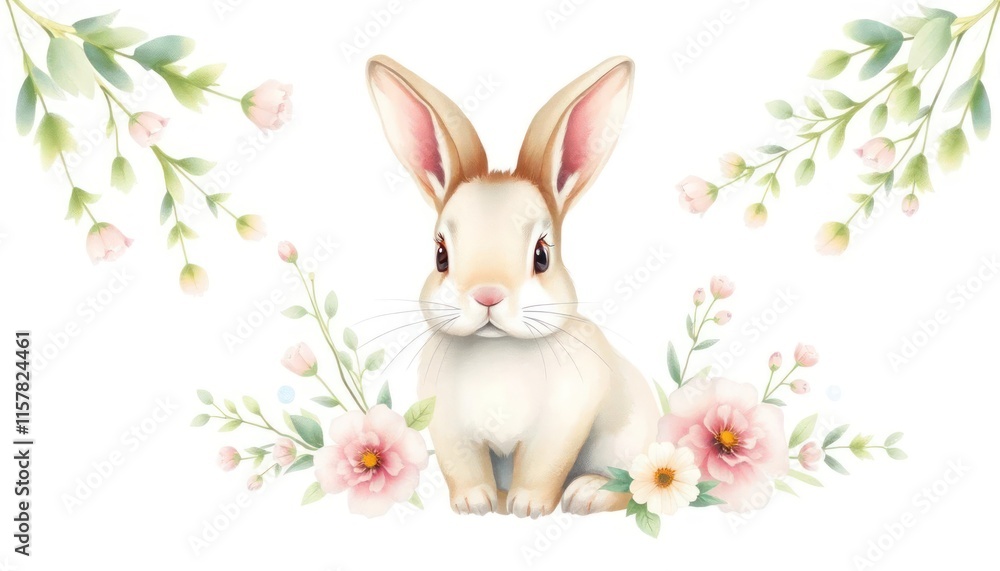 Adorable Bunny with a Floral Background in Pastel Colors Adorable Bunny with a Floral Background in Pastel Colors