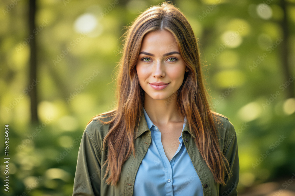 A lifestyle portrait photo of a person: A woman in a green jacket standing in the woods. A lifestyle portrait photo of a person: A woman in a green jacket standing in the woods.