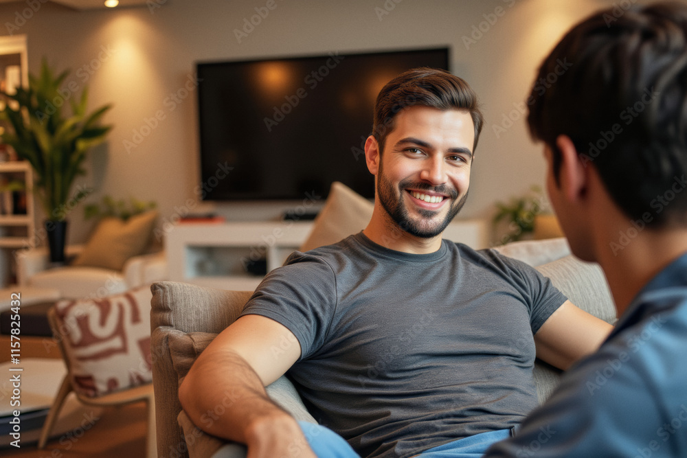 Obraz premium A lifestyle portrait photo of a person: A man sitting on a couch talking to another man.