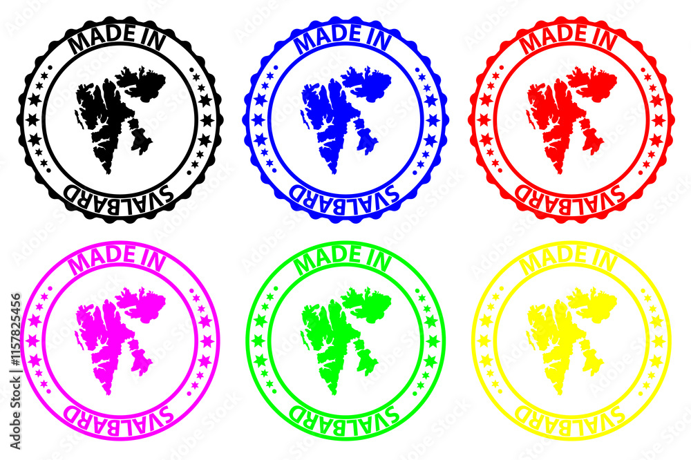 Made in Svalbard - rubber stamp - vector, Svalbard map pattern - black, blue, green, yellow, purple and red Made in Svalbard - rubber stamp - vector, Svalbard map pattern - black, blue, green, yellow, purple and red