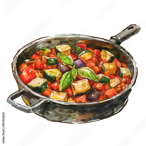 A watercolor vector of French ratatouille with eggplant and tomatoes, isolated on a white background. Ratatouille vector.
