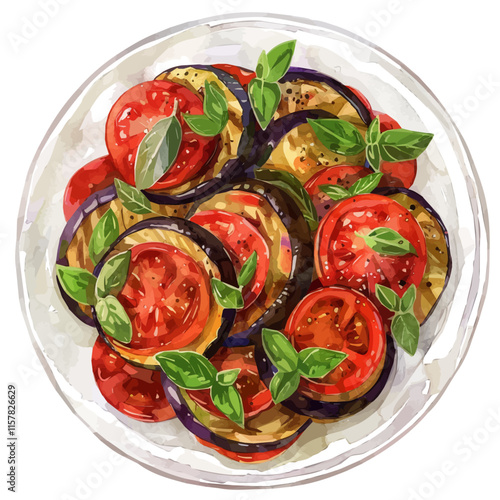 A watercolor painting of French ratatouille with tomatoes and eggplant, isolated on a white background. Ratatouille vector.
