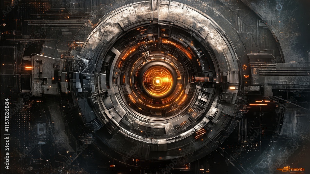 Fototapeta premium Futuristic technology background, digital core, glowing orange center