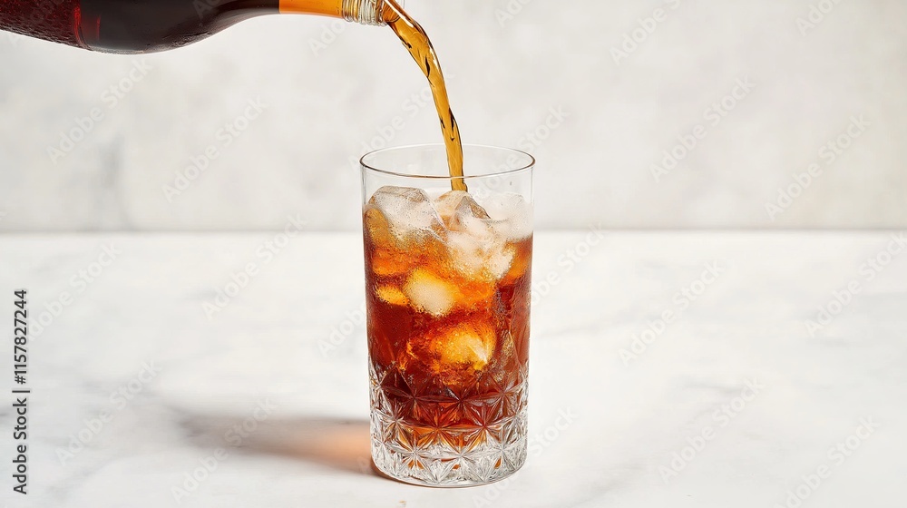 Generative AI of Dynamic Cola Pour with Ice and Bubbles for Beverage Product Photography, Commercial Drink Marketing, and Studio Liquid Advertisements