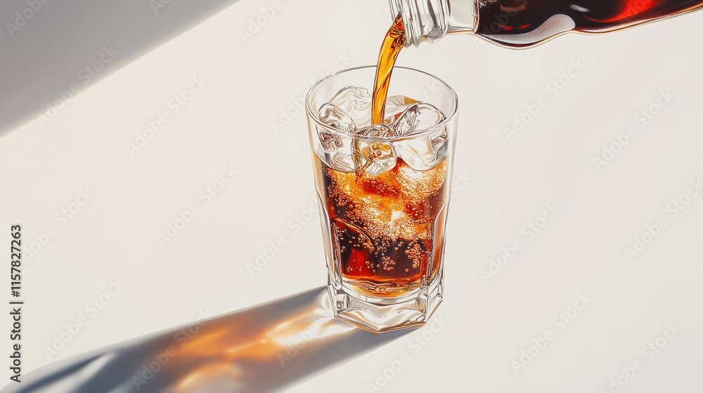 Generative AI of Cola Pouring into Crystal Glass with Long Shadow for Premium Beverage Photography, Minimalist Product Advertising, and Luxury Brand Marketing