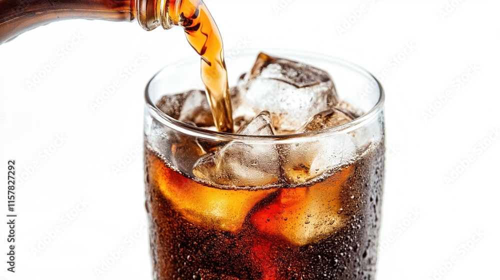 Generative AI of Cola Pouring Over Ice Cubes Close-Up for Premium Beverage Photography, Restaurant Menu Marketing, and Commercial Drink Advertising