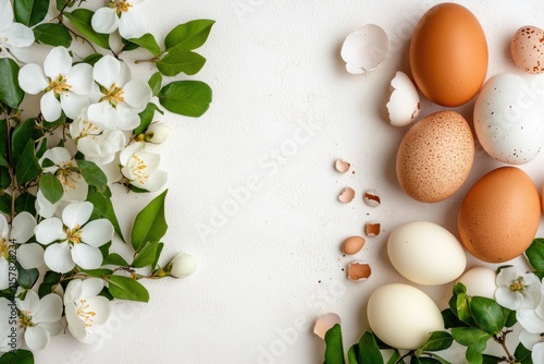 A serene and charming Easter display features exquisitely decorated eggs nestled among a vibrant array of flowers and lush greenery, symbolizing the renewal and the joyful spirit that spring brings photo