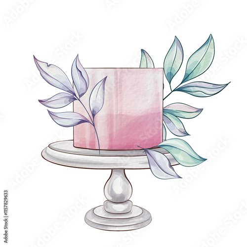 A beautifully crafted cake showcases soft colors with graceful leaves, elevating the ambiance of a tranquil dessert table