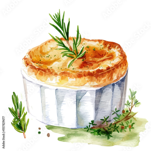 A watercolor drawing of French soufflé with cheese and herbs, isolated on a white background. Soufflé vector.
