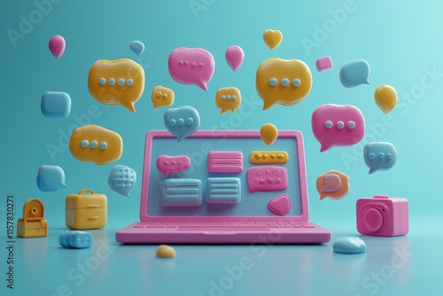 A modern laptop and white speech bubbles on a blue reflective background illustrate the ideas of communication technology, social networking, the internet, and online messaging. photo