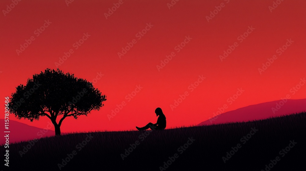 Silhouette of a person sitting on a hill at sunset. Silhouette of a person sitting on a hill at sunset.