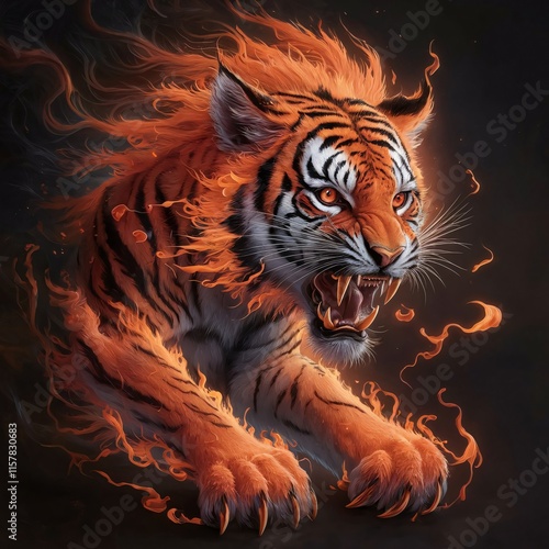 a fierce and fiery tiger portrait with intense orange flames surrounding its face creating a bold and dynamic composition photo