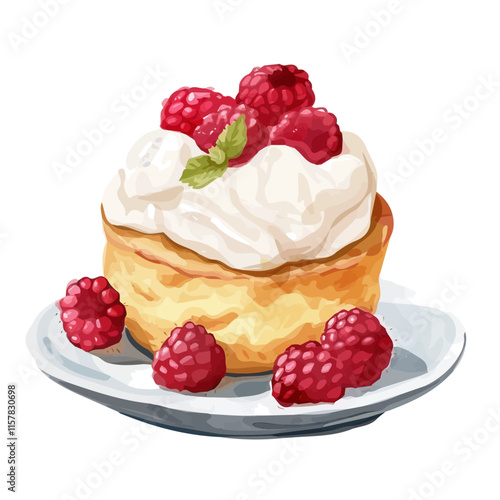 A watercolor vector of a French soufflé with raspberry and whipped cream, isolated on a white background. French soufflé vector.
