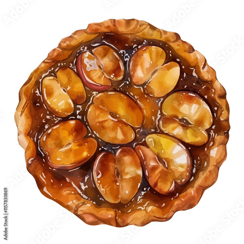 A watercolor illustration of a French tart Tatin with caramelized apples, isolated on a white background. French tart Tatin vector.
