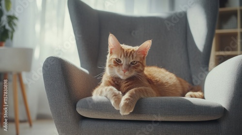 Adorable red cat curled up in a grey couch at home

