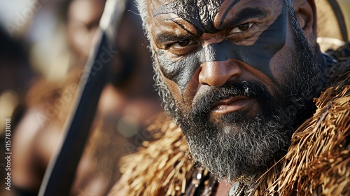 Ceremonial Maori dance with traditional outfit photo