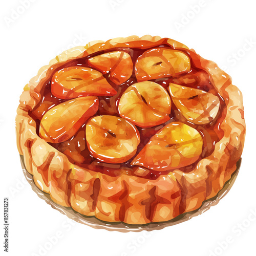 A watercolor painting of a French tart Tatin with caramelized apples, isolated on a white background. French tart Tatin vector.
