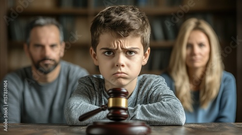 Sad boy sitting at a table in the background of his parents.