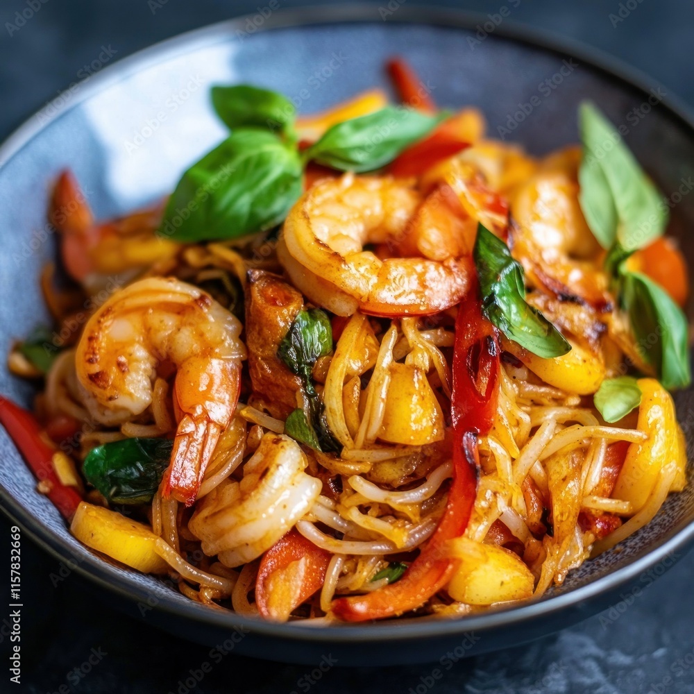 Close-up of a delicious shrimp pasta dish with bell peppers and basil.