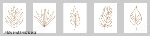 Set of abstract minimalist line art posters with leaves elements