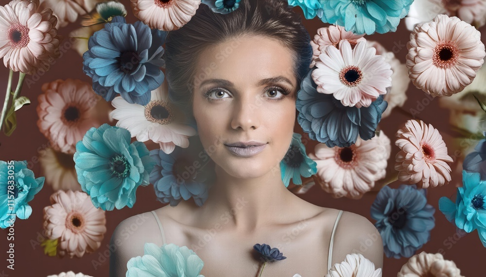 Portrait of a Woman Surrounded by a Vibrant Floral Explosion An Abstract Trendy Art Paper Collage Design Celebrating Natures Beauty and Feminine Essence Portrait of a Woman Surrounded by a Vibrant Floral Explosion An Abstract Trendy Art Paper Collage Design Celebrating Natures Beauty and Feminine Essence