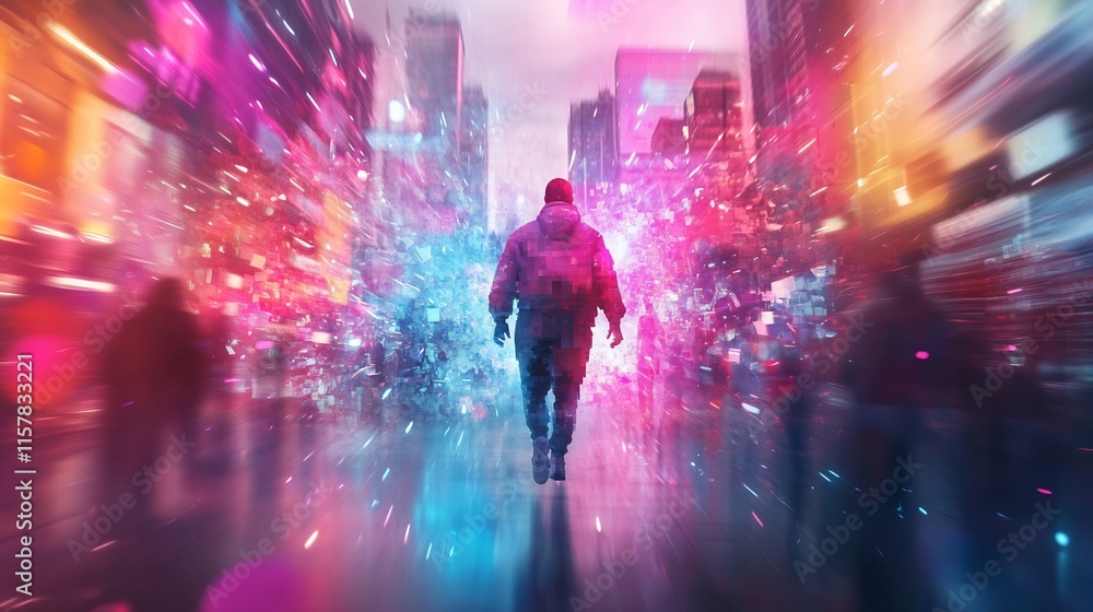 Vibrant Digital Painting: Lone Figure Walking Through a Futuristic City at Night. AI Generated Vibrant Digital Painting: Lone Figure Walking Through a Futuristic City at Night. AI Generated