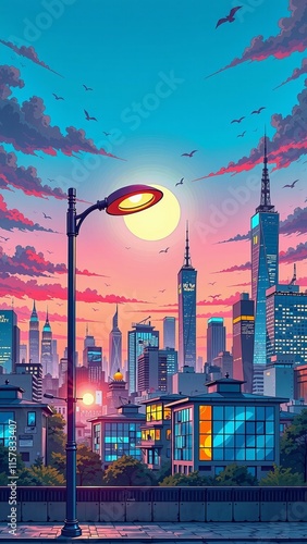 Colorful urban cityscape at sunset with skyscrapers and birds in vibrant illustration photo