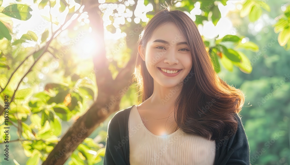 A Radiant Portrait of a Joyful Woman Embracing Nature Sunlight Flares Illuminate Her Smile, Capturing the Essence of Happiness in a Serene Outdoor Setting A Radiant Portrait of a Joyful Woman Embracing Nature Sunlight Flares Illuminate Her Smile, Capturing the Essence of Happiness in a Serene Outdoor Setting