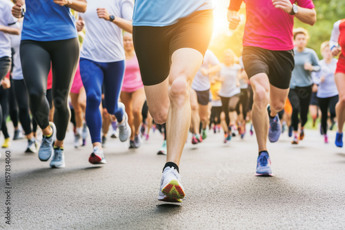 Group of Runners Running in a Stadium During a Sunny Day with Focus on Legs and Movement