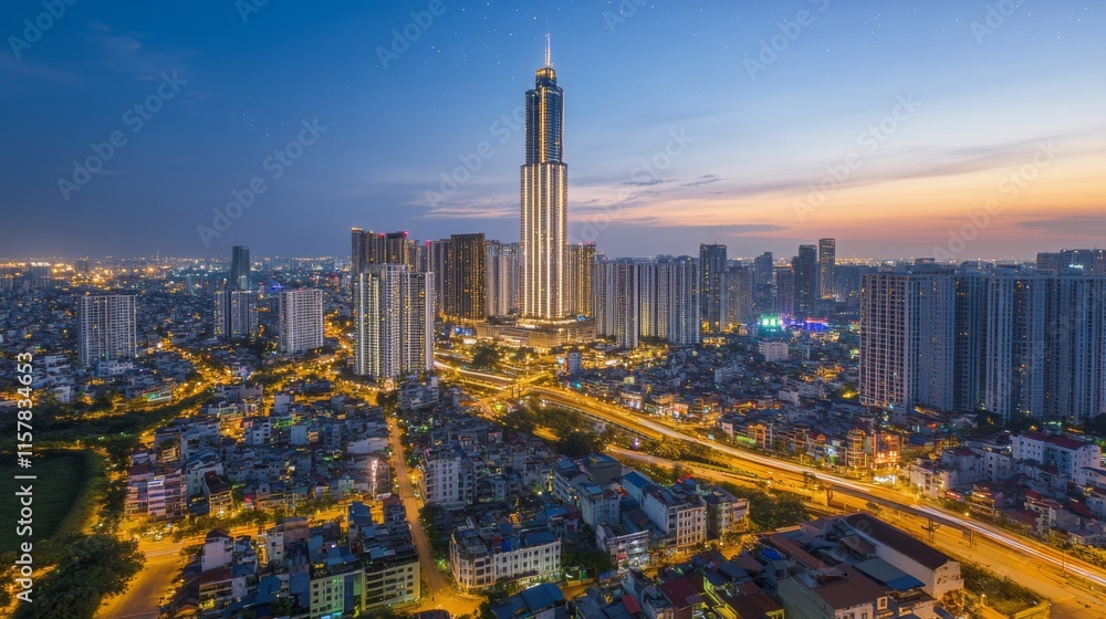 Naklejka premium Illuminated Landmarks at Night with Starry Backdrop