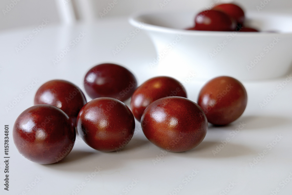 Traditional red easter eggs. Chicken eggs are painted red. High quality photo Traditional red easter eggs. Chicken eggs are painted red. High quality photo