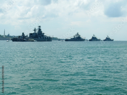 Fotografie Moskva guards missile flagship cruiser of russian navy, battleships in Black Sea
