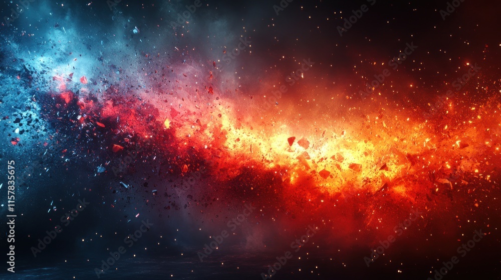 A vibrant cosmic scene showcasing a clash of blue and red elements in a starry background. A vibrant cosmic scene showcasing a clash of blue and red elements in a starry background.