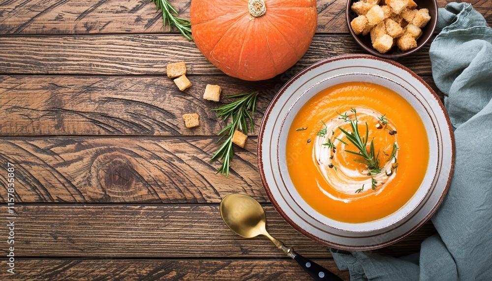 Delicious Autumn Pumpkin and Carrot Cream Soup with Rosemary Served on a Rustic Wooden Table A Cozy and Healthy Fall Recipe for Warm Family Gatherings Delicious Autumn Pumpkin and Carrot Cream Soup with Rosemary Served on a Rustic Wooden Table A Cozy and Healthy Fall Recipe for Warm Family Gatherings