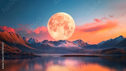 Majestic Full Moon Rises Serenely Over Dramatic Mountain Lake at Sunset - Photo. AI Generated