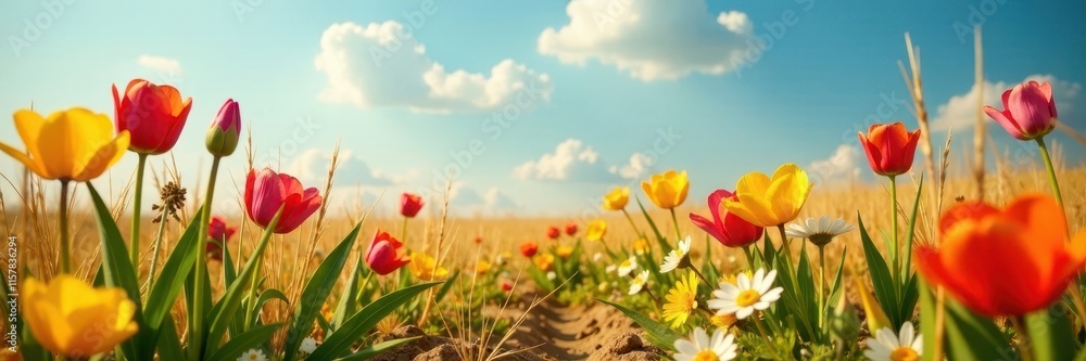 Colorful flowers in a neatly raked straw meadow on a sunny day , sunflowers, straw, countryside Colorful flowers in a neatly raked straw meadow on a sunny day , sunflowers, straw, countryside